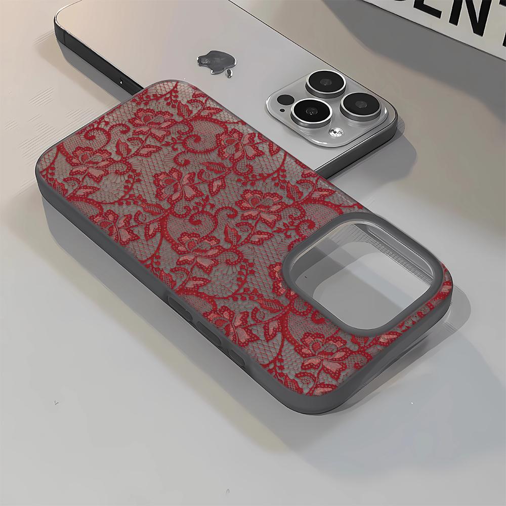 Red Lace Mesh Design Soft Phone Case For IPhone 17 16 15 14 13 12 11 Pro Max 7 8 XR XS Transparent Silicone Soft Cover Case