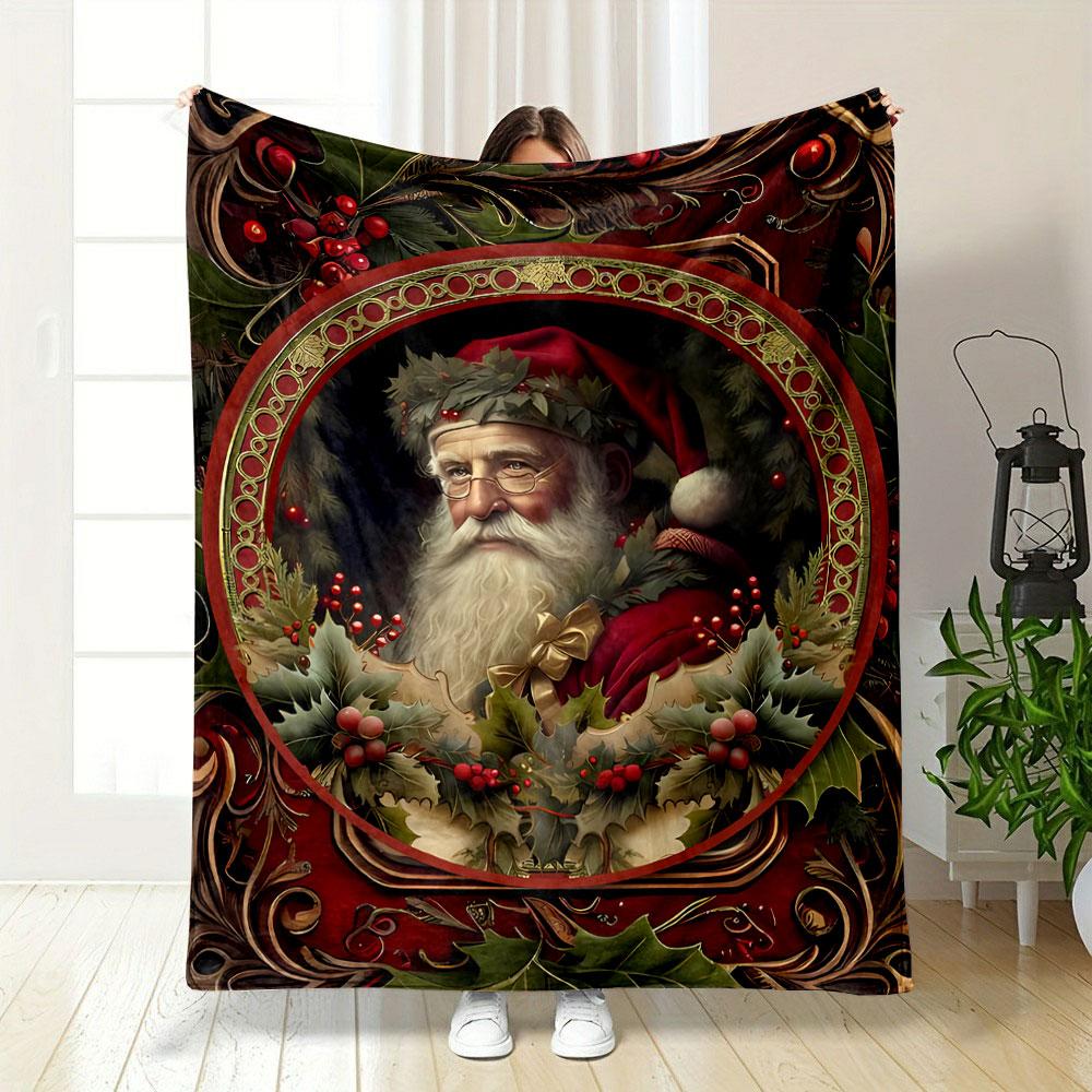 Christmas Santa Claus Holly Pattern Blanket bedroom Blanket for Livingroom Couch lunch break Soft throw for Friend's festival Gift