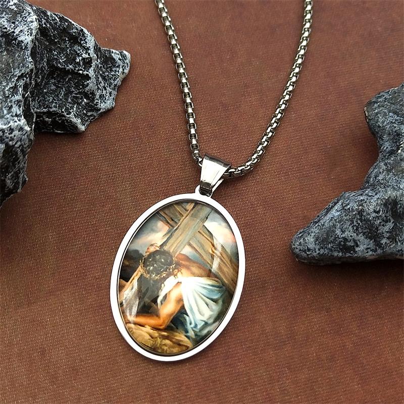 Jesus Cross Crucifix Glass Oval Medal Pendant Necklace for Women Men Stainless Steel Gold Color Christian Faith Amulet Jewelry