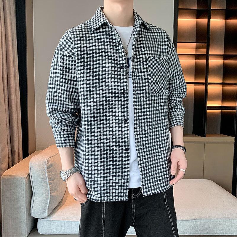 POUM Trendy Plaid Shirt for Men, Spring And Autumn Style, Loose Casual Long-Sleeve Shirt Jacket CS10 Black M