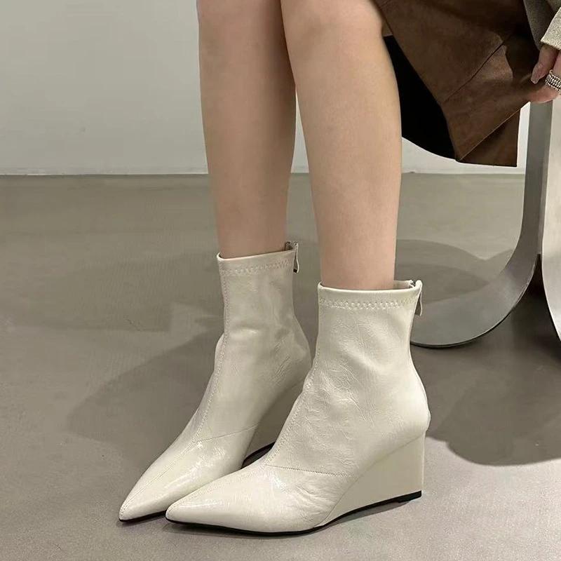 Automne Hiver Vintage Talon Compensé Bottines Cheville Femme Mode Bout Pointu Chaussures Femme Fête Stripper Bottines Courtes Zapatos De Muje