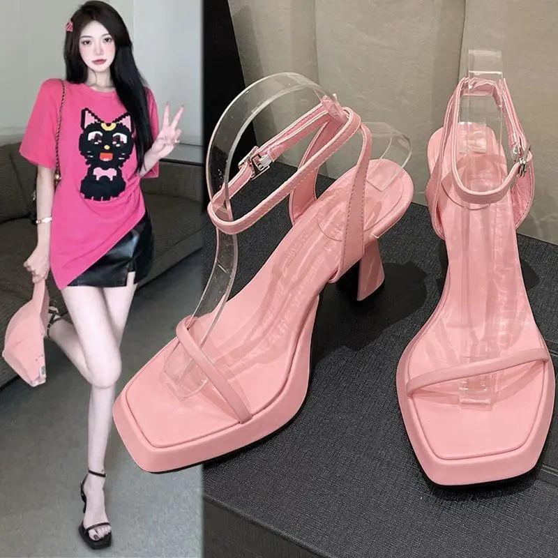 Sandals girl summer 2025 new fairy style thick heel with design sense niche square head women's high heel