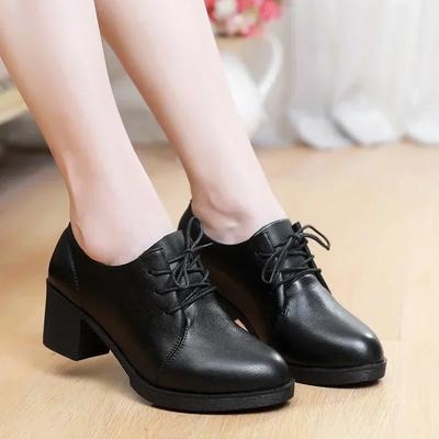 Moda feminina sapatos de salto confortáveis boca rasa salto quadrado cabeça redonda sapatos femininos cadarço lazer profissão salto preto 2024