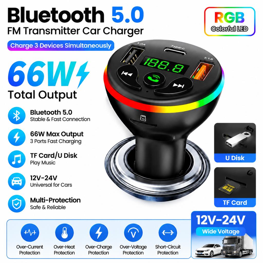 Bluetooth 5.0 FM Adó Autós Töltő 66W 3 Portos Gyorstöltés Autós MP3 Lejátszó Kihangosító Hívás RGB Világítás TF U Lemez Autófeszültség Érzékelő