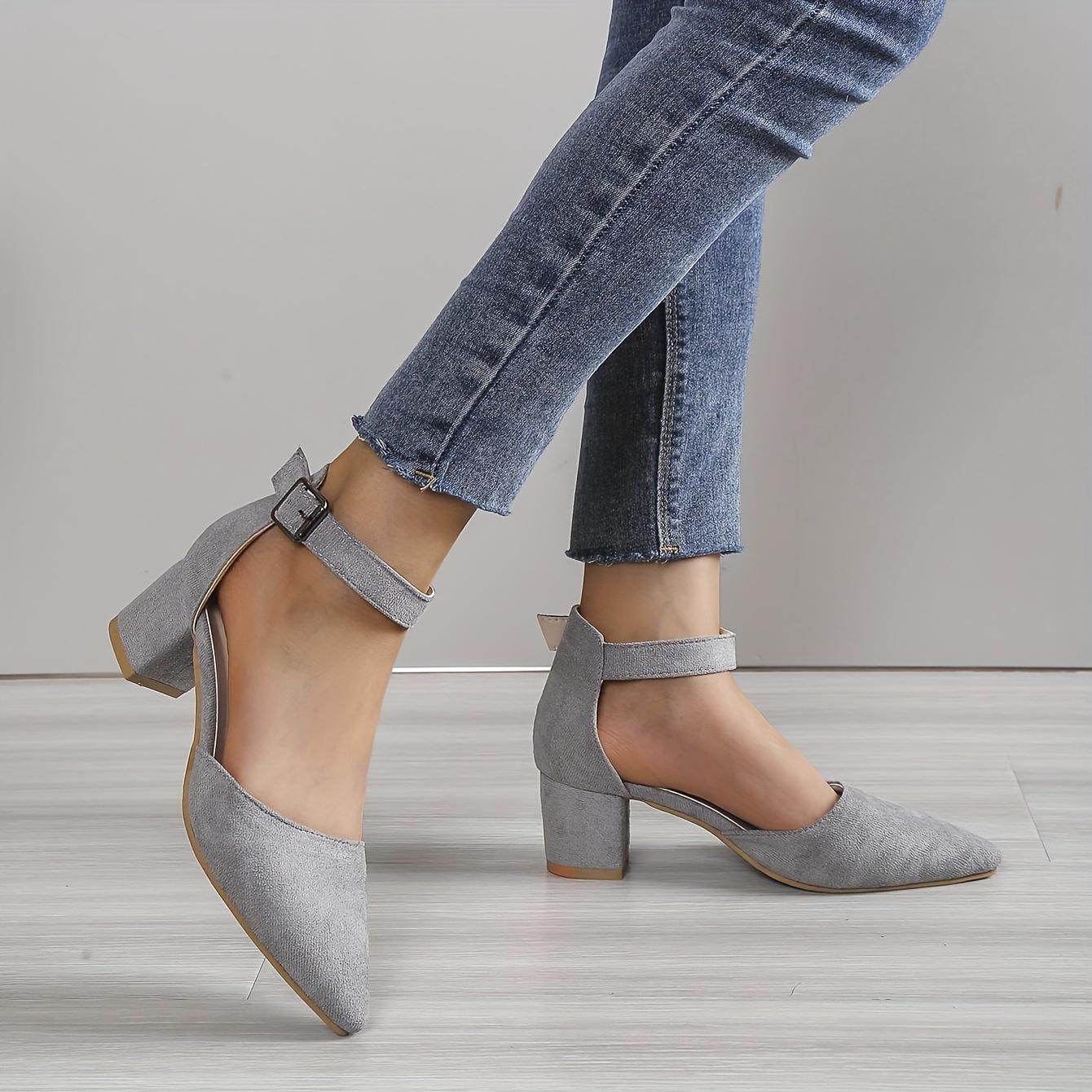 

Women s Ankle Strap Chunky Heels, Pointed Toe Solid Color D Orsay Mid Heels, Versatile Size 41 светло-серый