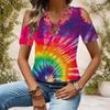 Women Plus Size Keyhole Ring Neck Cold Shoulder Short Sleeve Tie Dye Print T Shirt