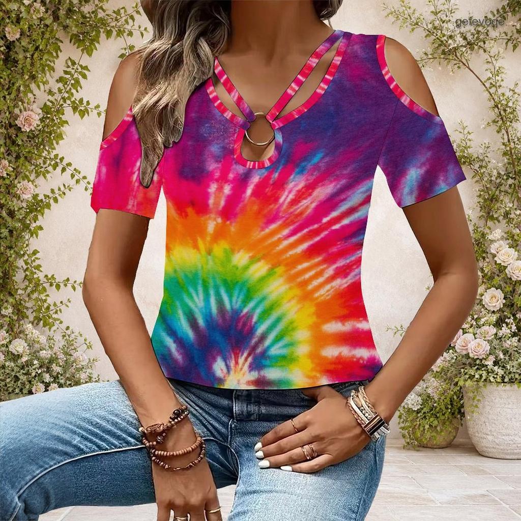 Women Plus Size Keyhole Ring Neck Cold Shoulder Short Sleeve Tie Dye Print T Shirt