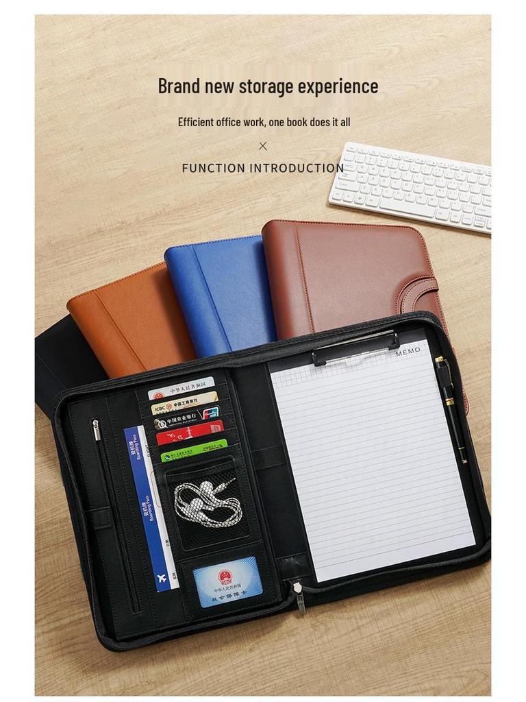 A4 Multifunction Leather Zipper Briefcase Binder with Clipboard