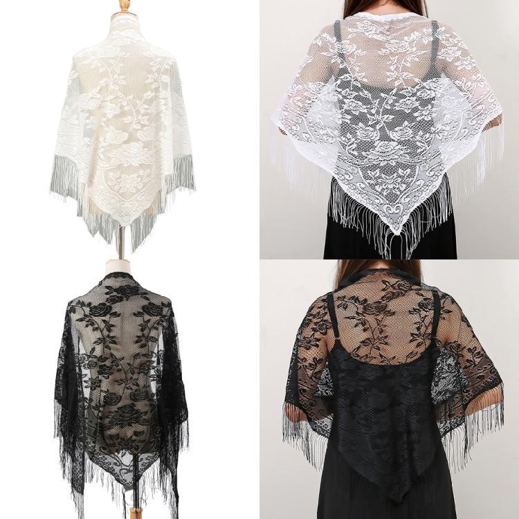 Stylish Lace Scarf with Tassels Multiuse Flower Shawl Wrap for Various Outfit Occasion Outdoor Sunproof Shoulder Wrap