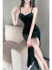 Elegant Velvet Strappy Midi Dress with High Slit and Low-Cut Design