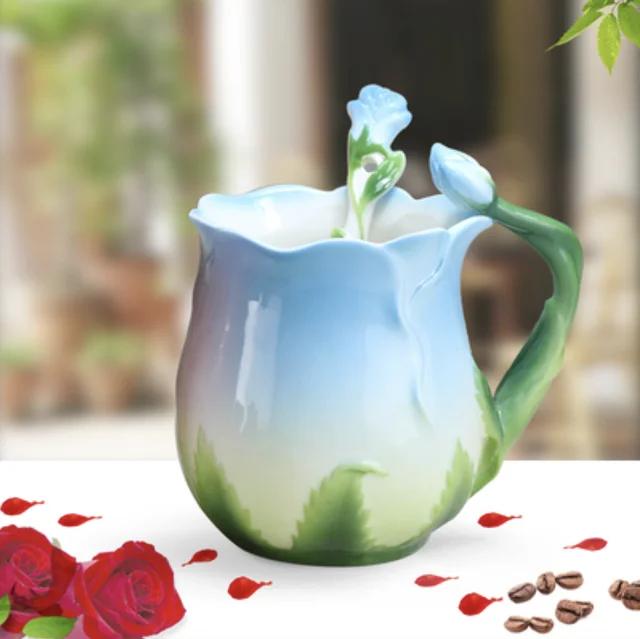2025 New European Style Enamel Ceramic Coffee Mug Creative 3D Rose Flower Shape Teacups Pastoral Milk Cups with Spoon Gifts