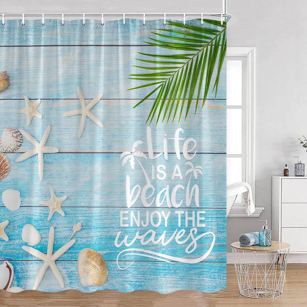 

Summer Vacation Shower Curtain Beach Shell Wooden Plank Pattern Holiday Inspiring Words Bath Curtain Polyester Bathroom Decor W60H190(CM)-1 Pcs