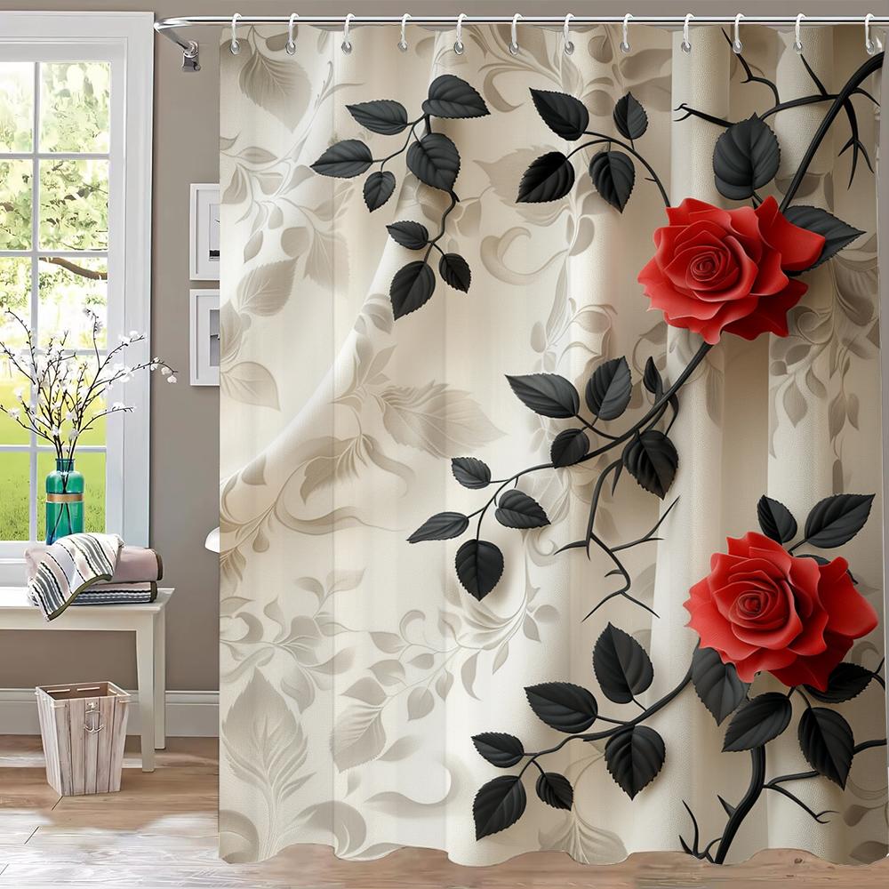 1 Piece Romantic Red Rose Flowers Shower Curtain, Bathroom Decorative Shower Curtain,Printed Polyester Home Curtain with Hooks