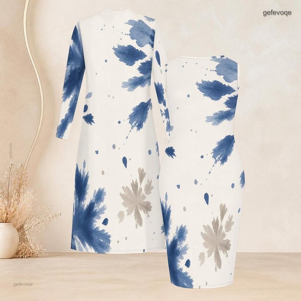 Women Plus Size Abstract Leaf Printed Long Sleeve Open Front Cardigan Sleeveless Bodycon Dress Two Piece Set