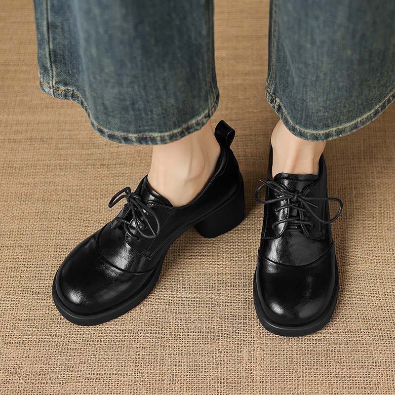 Krazing Pot Microfiber Round Toe Thick Med Heels Spring Summer Shoes Big Size 43 Size 33 Women Lace Up Platform Pumps