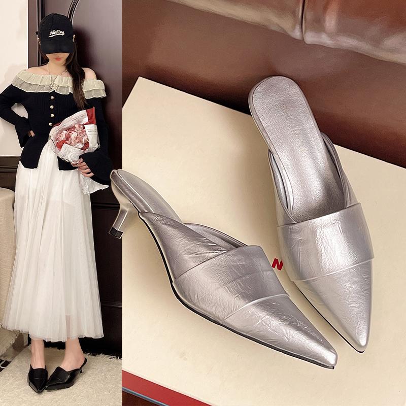 New Stiletto Pointed Toe Fashion Outside Wear Sandals and Slippers Versatile Comfortable Slip with Skirt Baotou Half Slippers