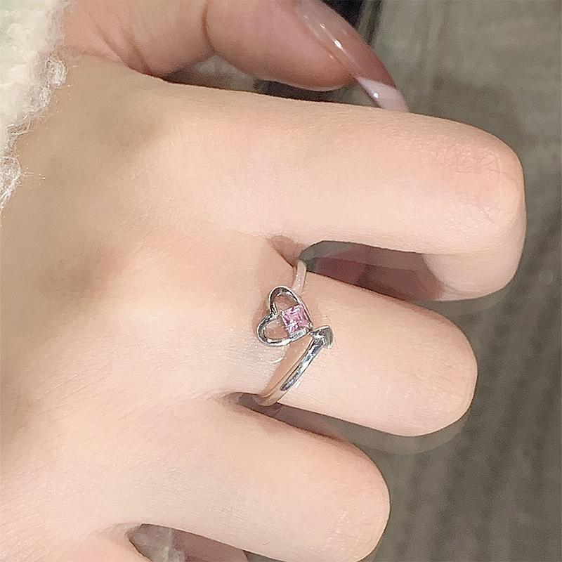 Shiny Pink  Heart Opening Couple Rings Vintage  Adjustable Finger Ring For Women Lover Jewelry Gift