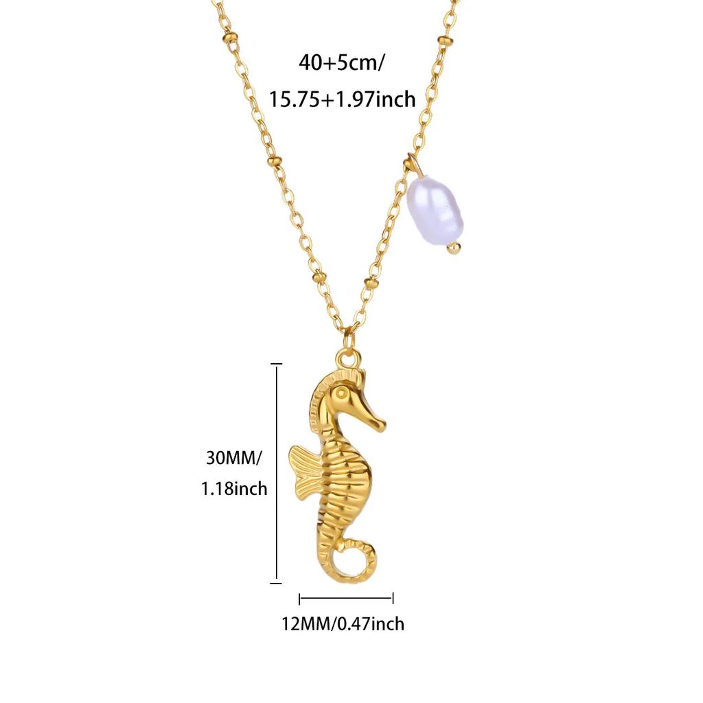 Ocean Necklace Stainless Steel Waterproof For Women Exquisite Gold Color Turtle Conch Seahorse Pearls Choker Clavicle Jewelry