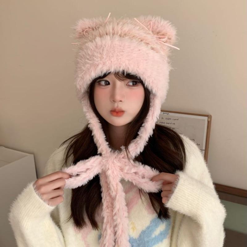 Hat Women's New Autumn and Winter Cute Plush Cat Ears Hat Warm Ear Protection Big Head Circumference Tide