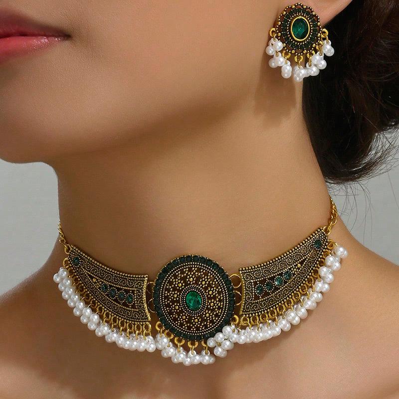 Manna 2pcs New Fashion Retro Gold Wings Necklace Set Bohemian Drop Pearl Beads Indian Jewelry Choker Set for Women