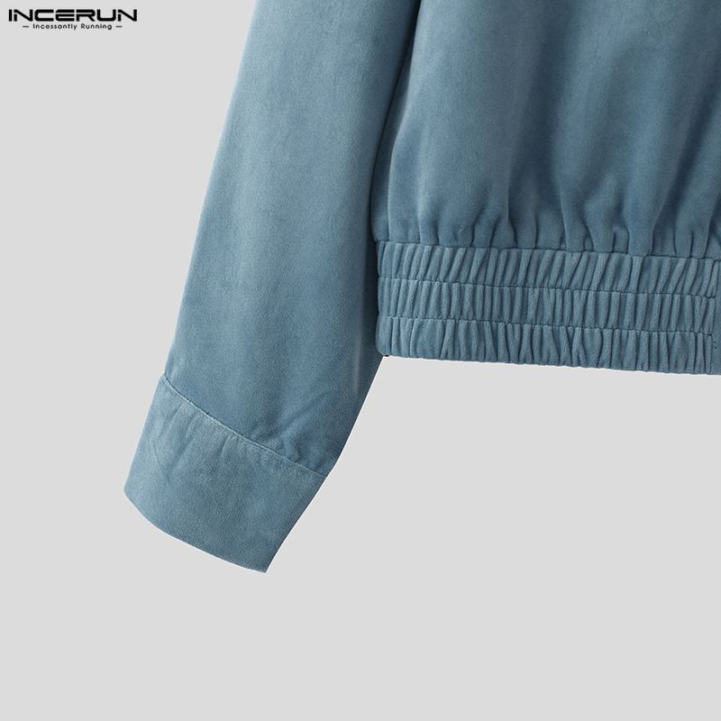 INCERUN Men Lapel Neck Long Sleeve Zip-up Suede Oversized Jackets Coats