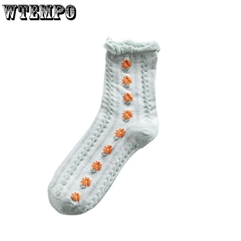 5pcs Socks Women Spring and Summer Jk Mid-calf Socks Wooden Ear Edge Japanese Cute Flower Girl Socks Sweet Lolita Cotton Stockings