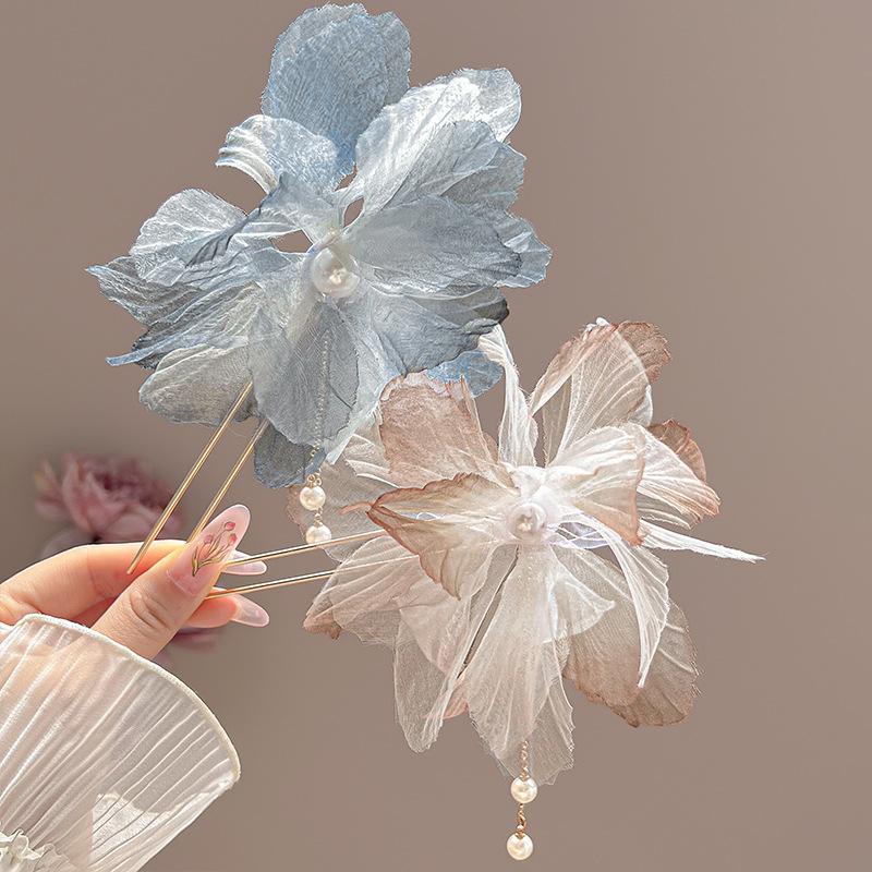Atmosphere Floral Tassel Sweet Hairpin At The Back of The Head Fabric Pearl Hairpin Hair Accessory Luxury Exquisite Hairpin New
