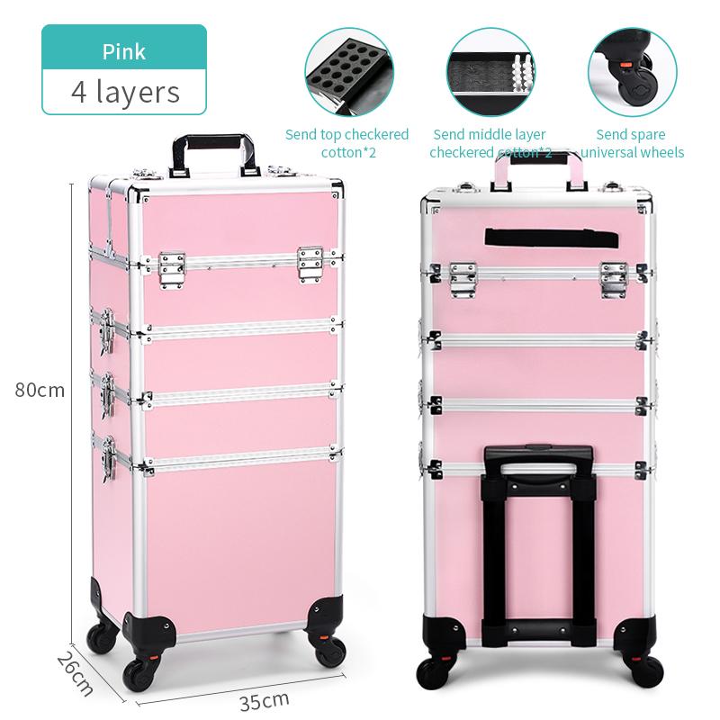 

Cosmetic Rolling Trolley Makeup Train Case Professional 4 in 1, Cosmetology Case on Wheels pink Make Up Box розовый