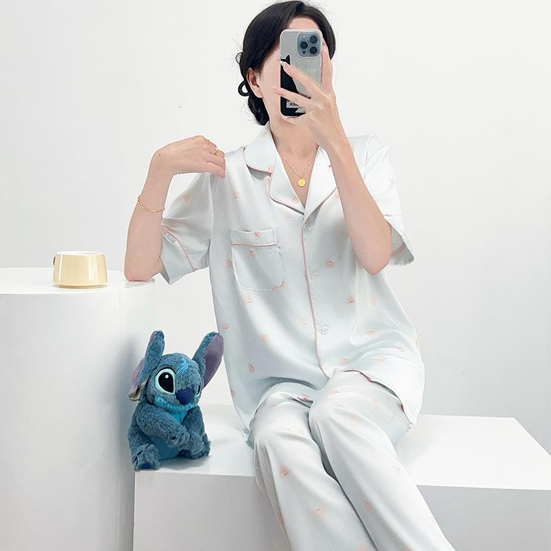 Women's 2025 Ice Silk Pajamas: Summer Thin, Loose Fit, Short Sleeve & Long Pants Set for Spring/Autumn