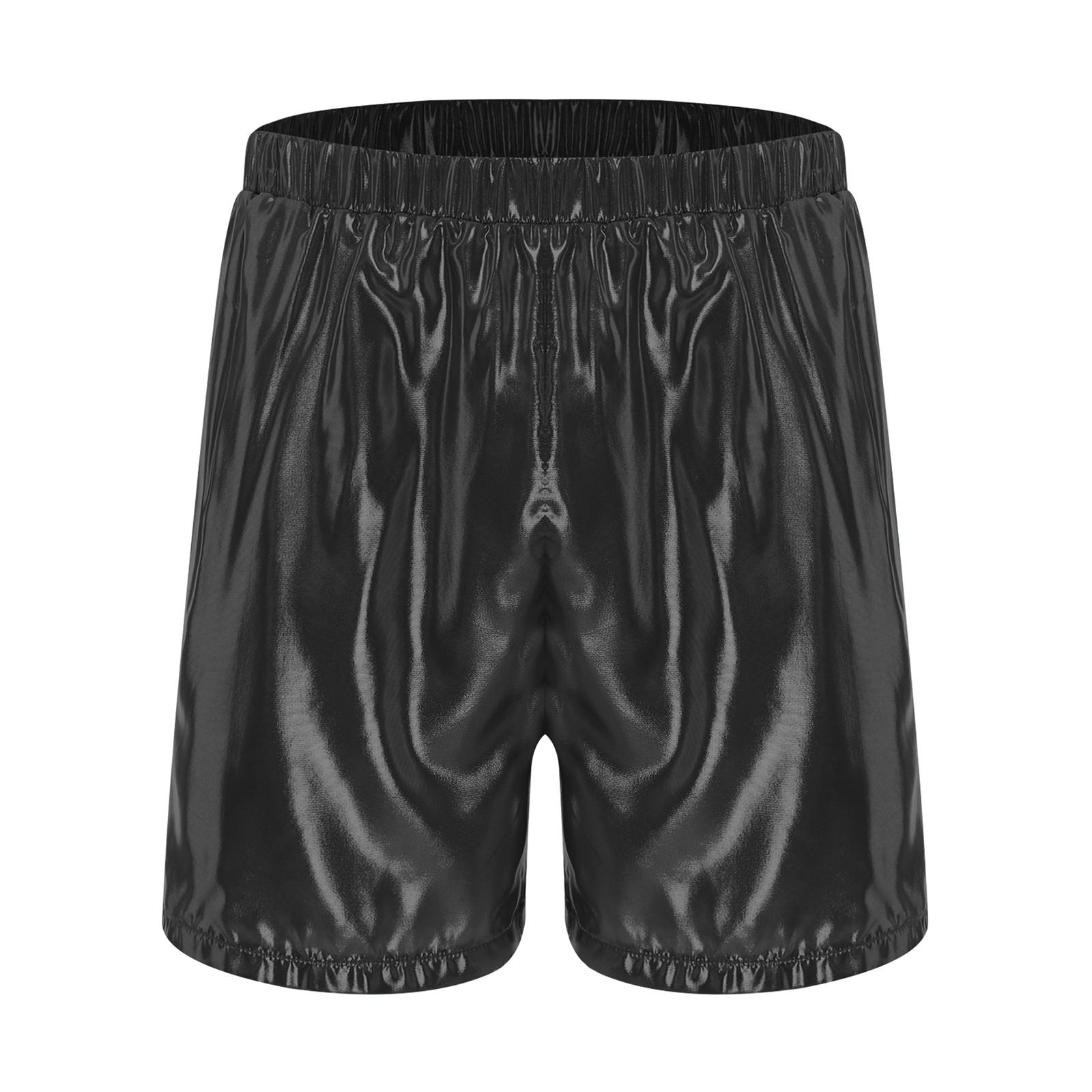 

Mens Glossy Boxer Shorts Elastic Waistband Side Pockets Shiny Loose Beach Shorts Casual Loungewear Bottoms M чорний
