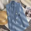 Women Long Sleeve Blazer Jacket Lapel Double Breasted Gold Button Loose Fit Office Casual Suit Outerwear Coat