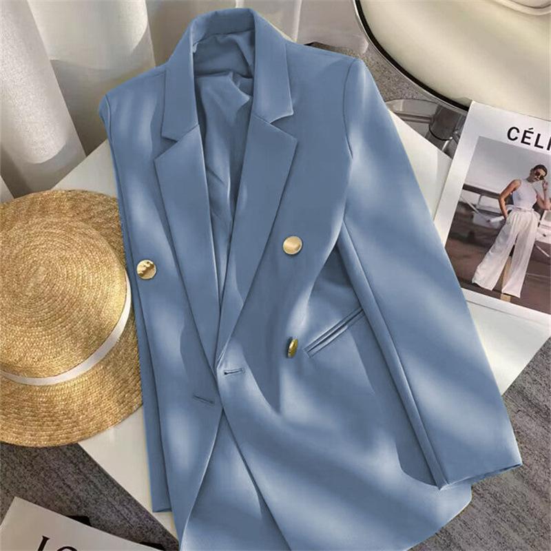 Women Long Sleeve Blazer Jacket Lapel Double Breasted Gold Button Loose Fit Office Casual Suit Outerwear Coat