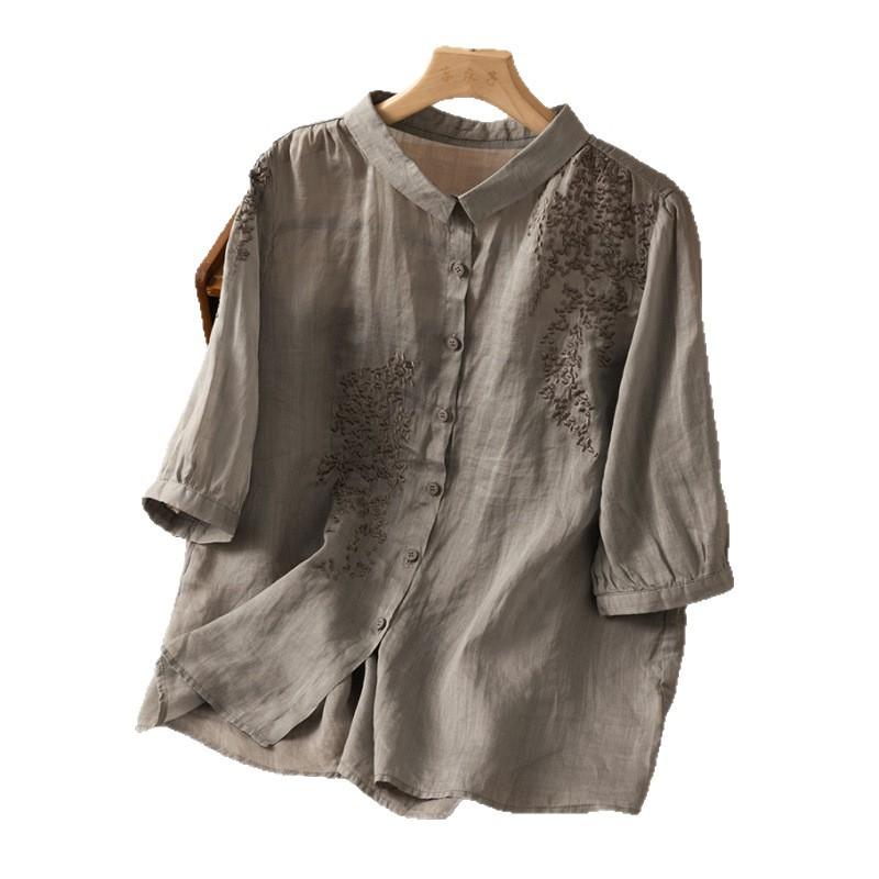 Solid color single-breasted medium-sleeved shirt women's embroidery 1116 summer new thin top temperament loose shirt, women