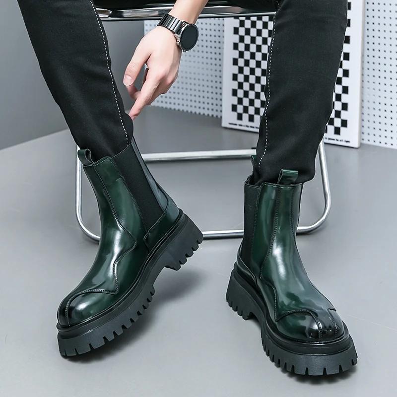 Neue Chelsea Boots für Herren Grün Schwarz Lackleder Runde Zehen Slip-On Schuhe für Männer mit Größe 38-44 Stiefeletten