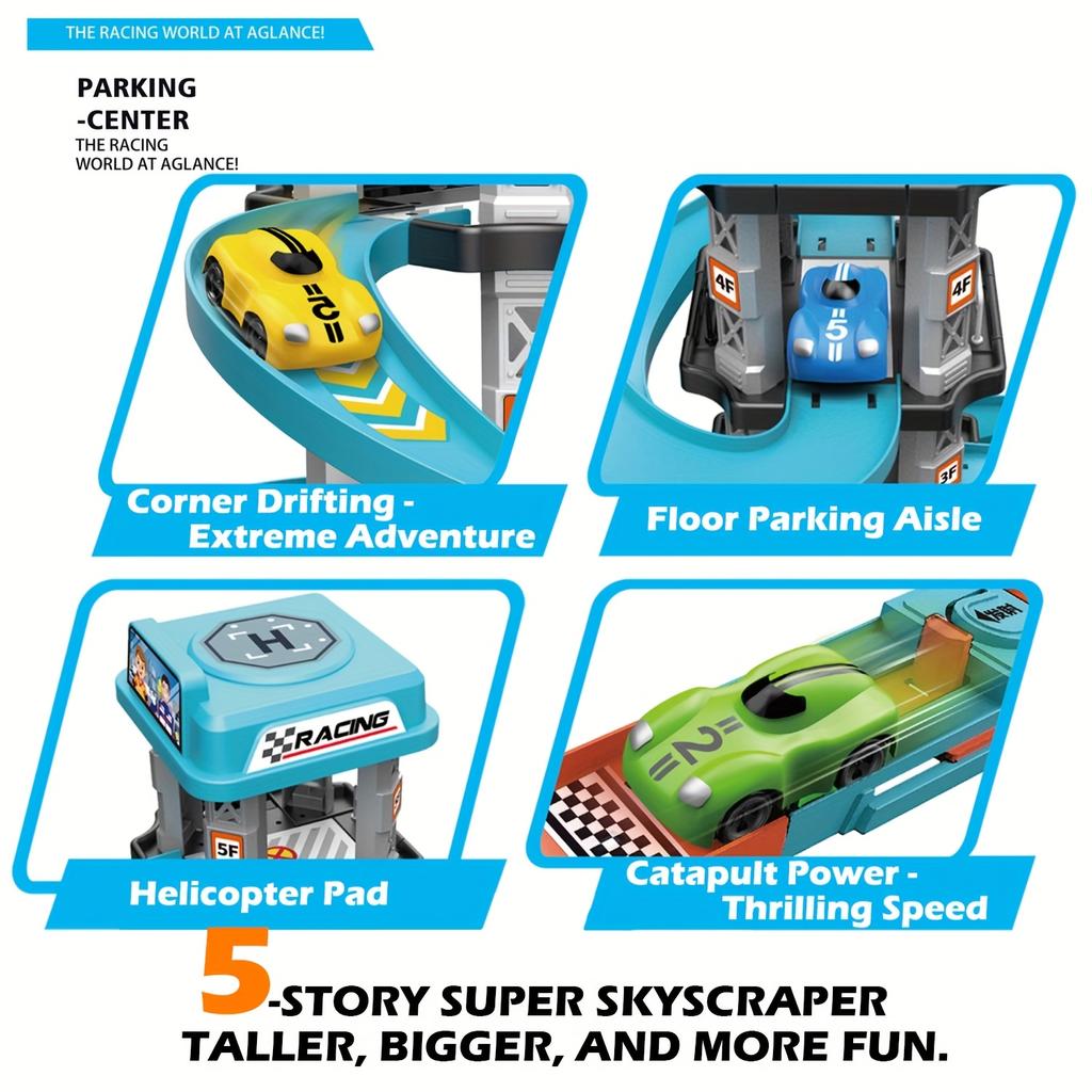 5-Level 3D Parking Garage Track Playset with 2 Cars, 360° Rotating, Drift Tracks, Helipad & Launcher | DIY Assembly Educational Toy