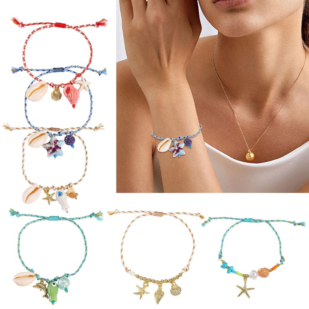 Adjustable Charm Bracelet Ceramic Starfish Shell Fish Pendant Braided Rope Jewelry for Casual Wear Gift Ideas