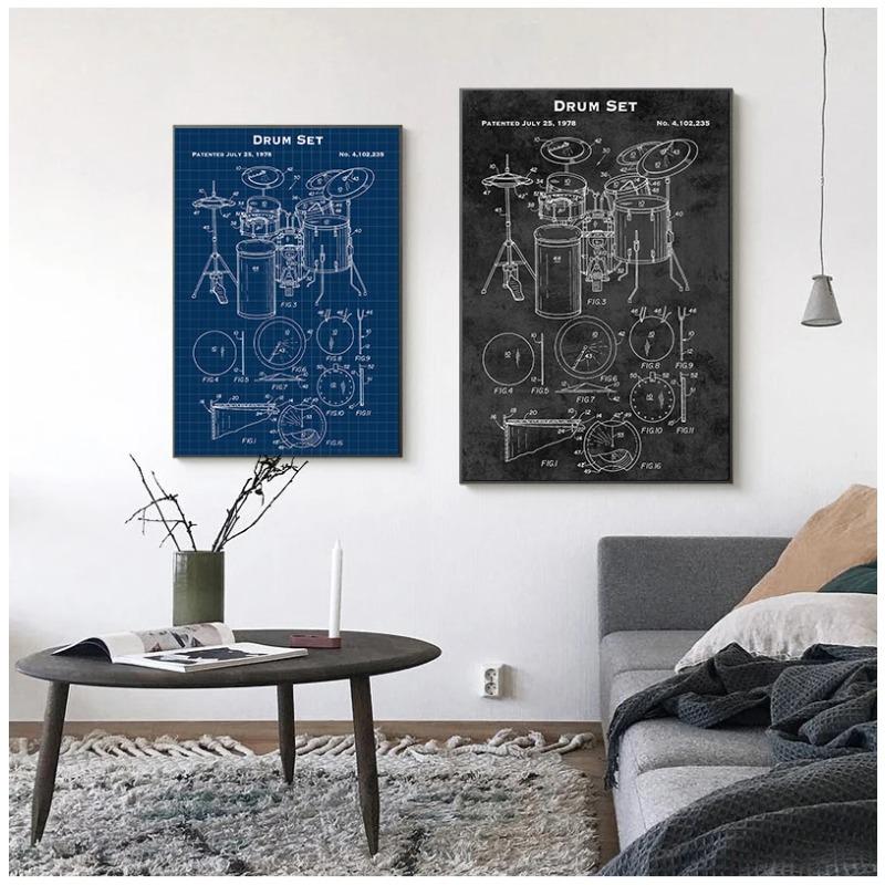 Music Instruments Patent Print Vintage Poster Drum Blueprint Retro Wall Art Canvas Painting Drummer Gift Music Studio Decor