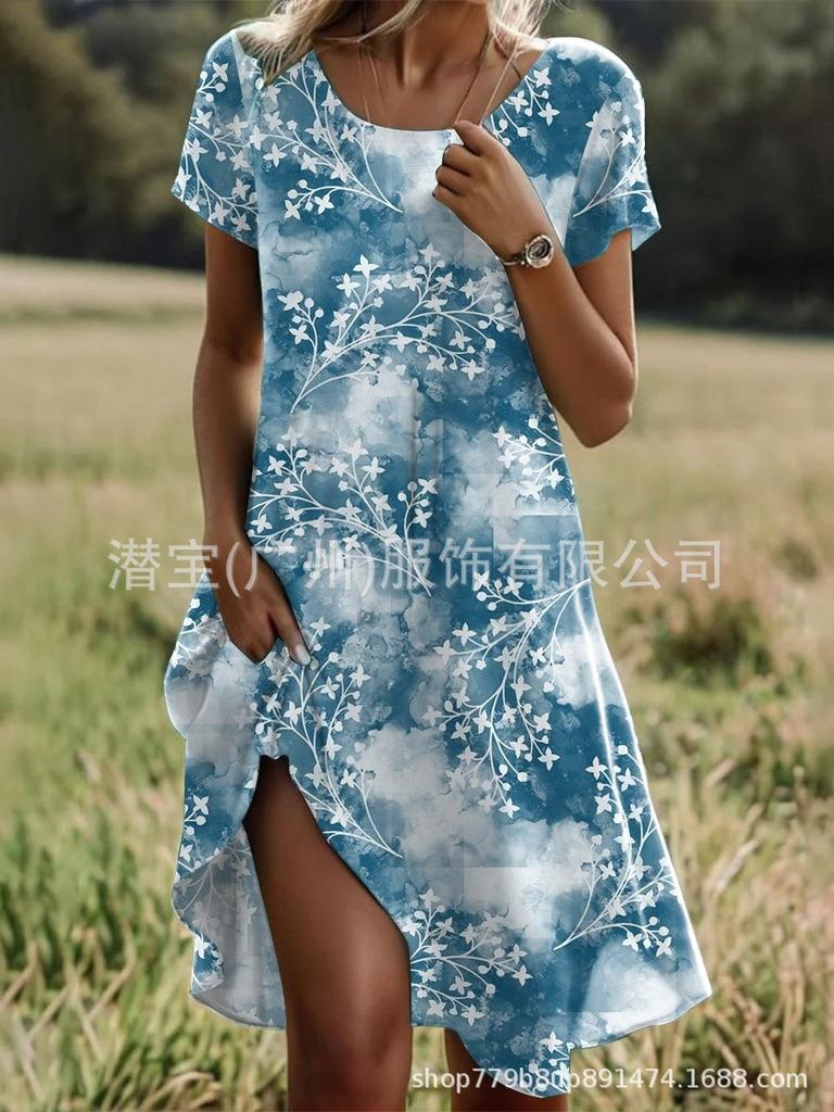 New European and American Women's Clothing Round Neck Short Sleeve Digital Positioning Printing Spot Dress