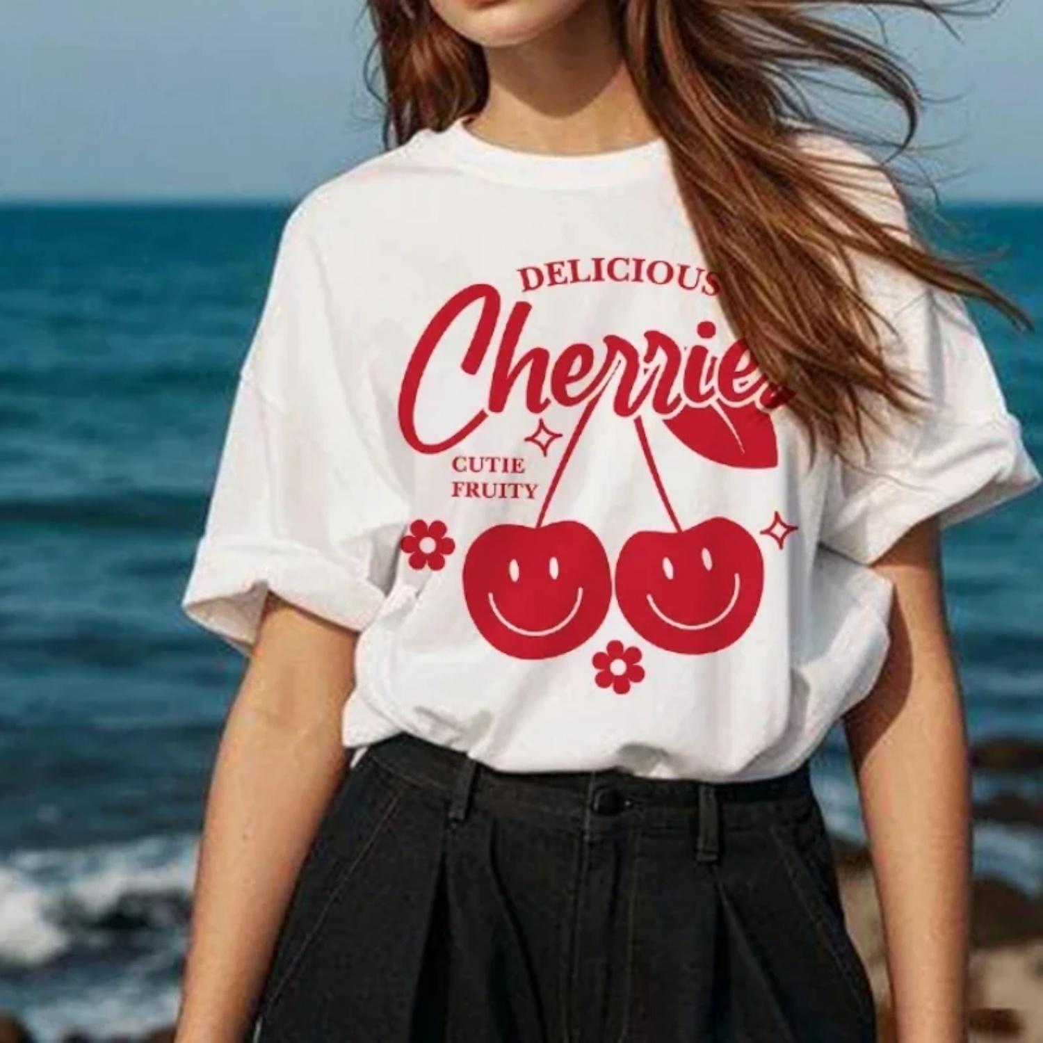 

Cherry Delicous Graphic T-Shirts Women Unisex Vintage Fashion Tops Short Sleeve Cotton Tees Female Clothing Oversize XXXXXL білий
