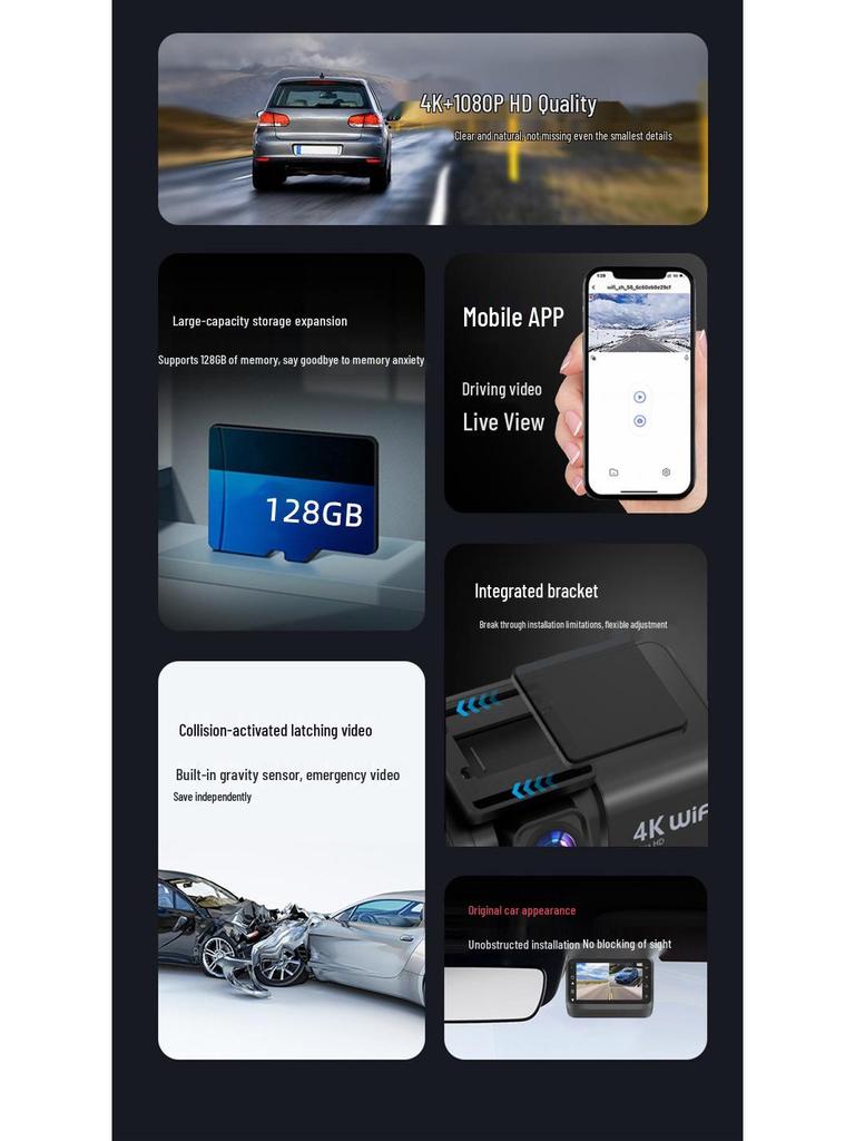 4K Dual Cam: Front & Rear Recording Dash Cam with Reversing Image, Driving Track, HD, 3" WiFi Screen