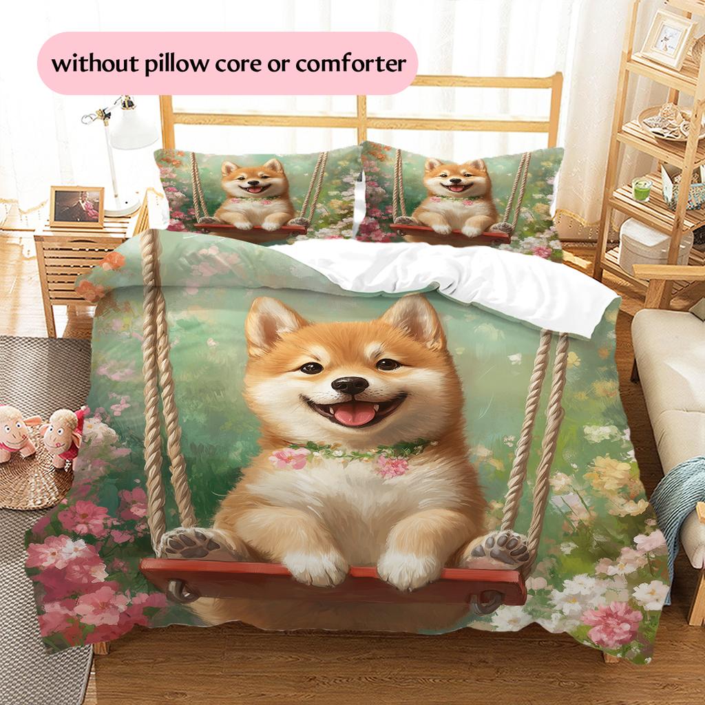 Shiba Inu and Fresh Flowers Pattern Bedding Home Decoration Birthday Gift (1 * duvet cover + 2 * pillowcase, without core)