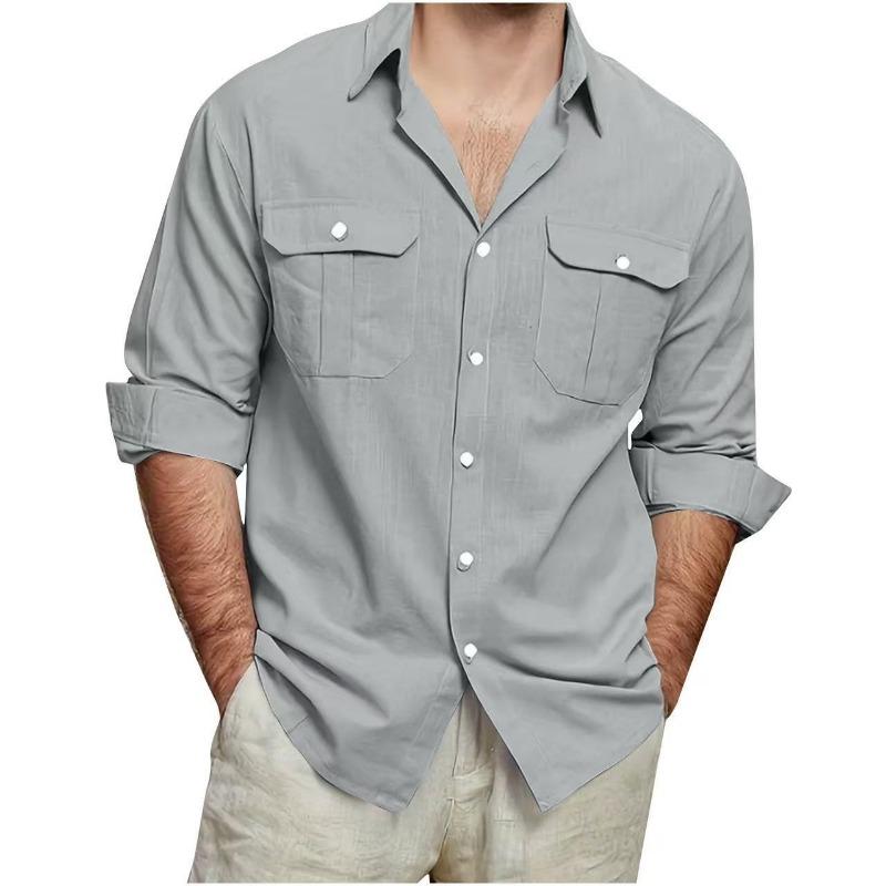 Camicia da uomo a maniche lunghe in cotone con doppia tasca, colori casual