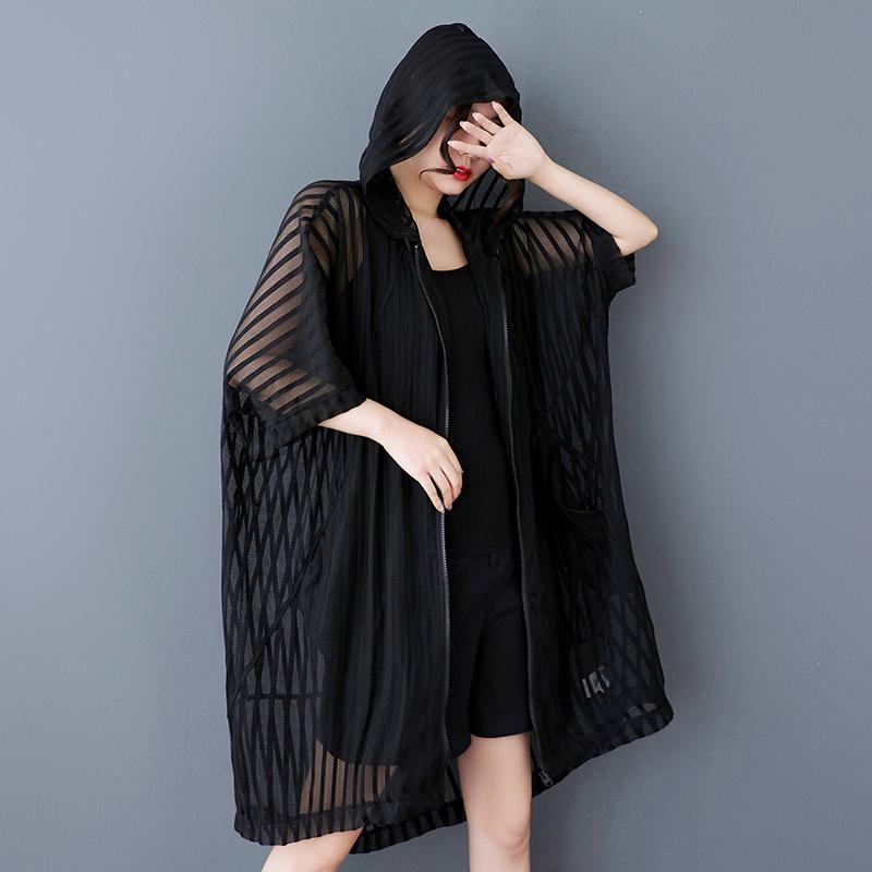 

DIMANAF 2025 Летняя куртка больших размеров с коротким рукавом для женщин, топы, новое пальто, повседневные толстовки в полоску, свободная верхняя одежда One Size чёрный