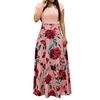 Women Floral Print Color Block Round Neck Beach Party Short Sleeve Maxi Dress