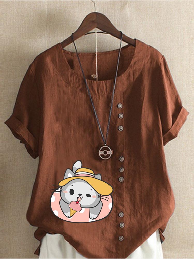 Women's Fashion Cat Print Shot Sleeve T-shirt Loose Cotton Shirt Casual Loose Summer Blouse Tops Plus Size