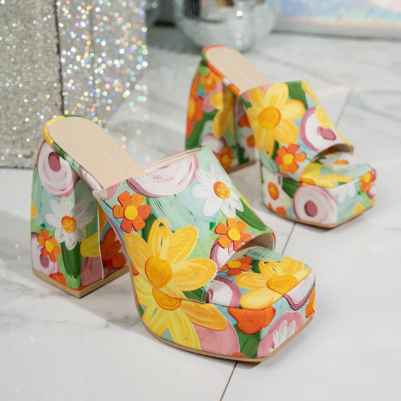 Fashion Chunky Platform Thick Heels Sandals Women Summer 2025 Super High Heeled Square Toe Mules Shoes Woman Holiday Floral Sandalias 42