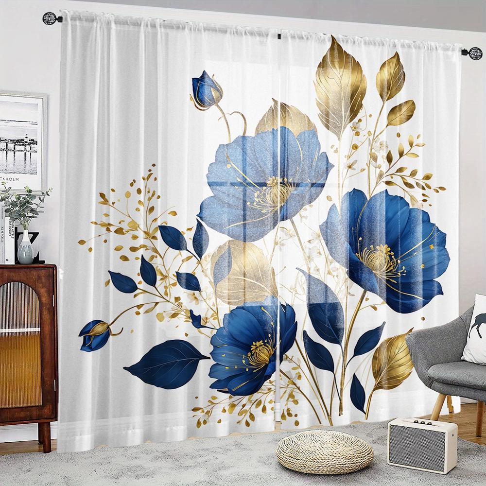 2 Stück HD Digital Blau Roségold Blattdruck Fensterblende Heimdekor Stil Dekoration Wohnzimmer Schlafzimmer Stangenvorhang E