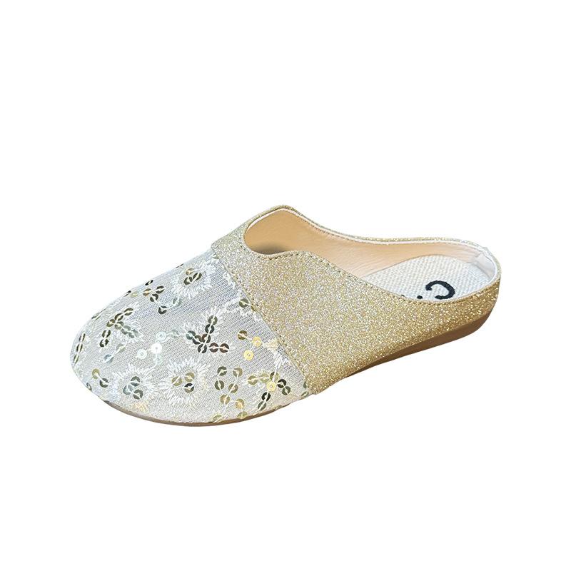 Fashion Round-toed Padded Mesh Half-slipper for Women In 2025 Summer Low-heeled Flat-bottomed, Lazy Person, Hollowed-out Women Slippers