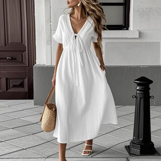 Women Dress V-neck Lace-up Short Sleeve High Waist Midi Dress Solid Color Flowy Hem Casual Dress Daily Wear