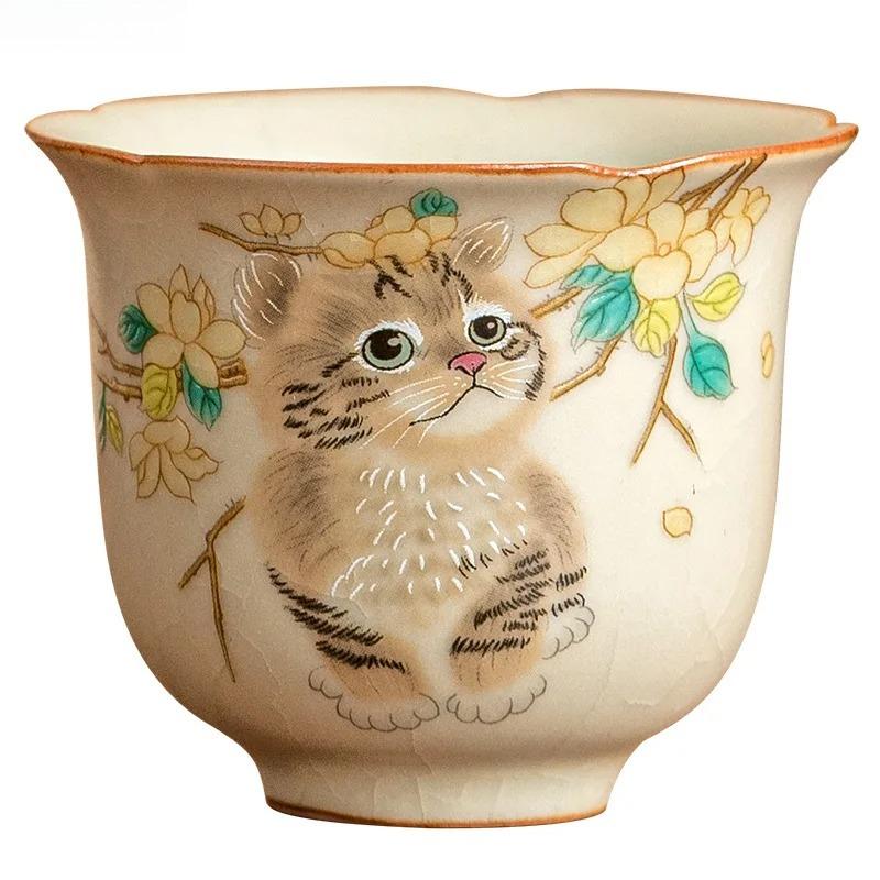 Ru Kiln Yellow Ceramic Teacup Hand Painted Cat Pattern Single Cup Tea Tasting Cup Tea Table Kung Fu Teas Set Drinking Tea Cups
